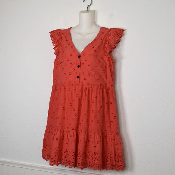 Ann Taylor Loft Babydoll Dress Sz 4 Eyelet Lace Tiered Cotton Cottagecore Boho - Picture 3 of 16